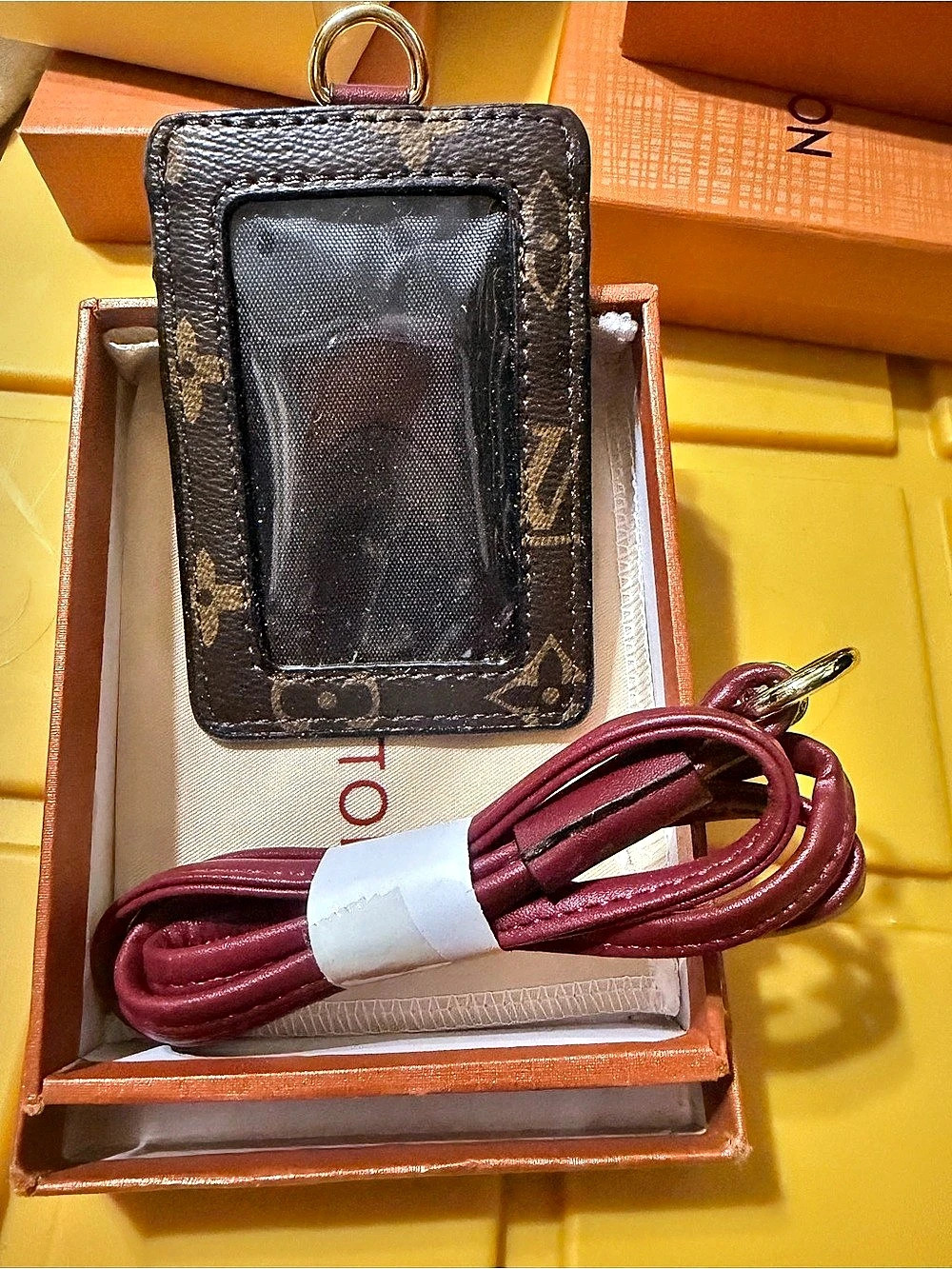Fashion ID Card Holder with Strap in Brown & Burgundy